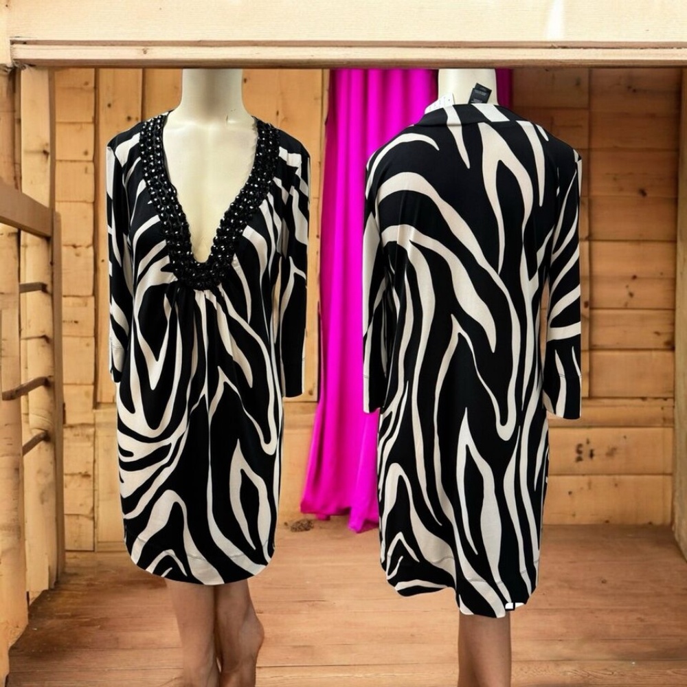 Bisou, Woman, Dress Formal, Black-White, Sz 8, Animal print, Long Sleeve, Midi.!